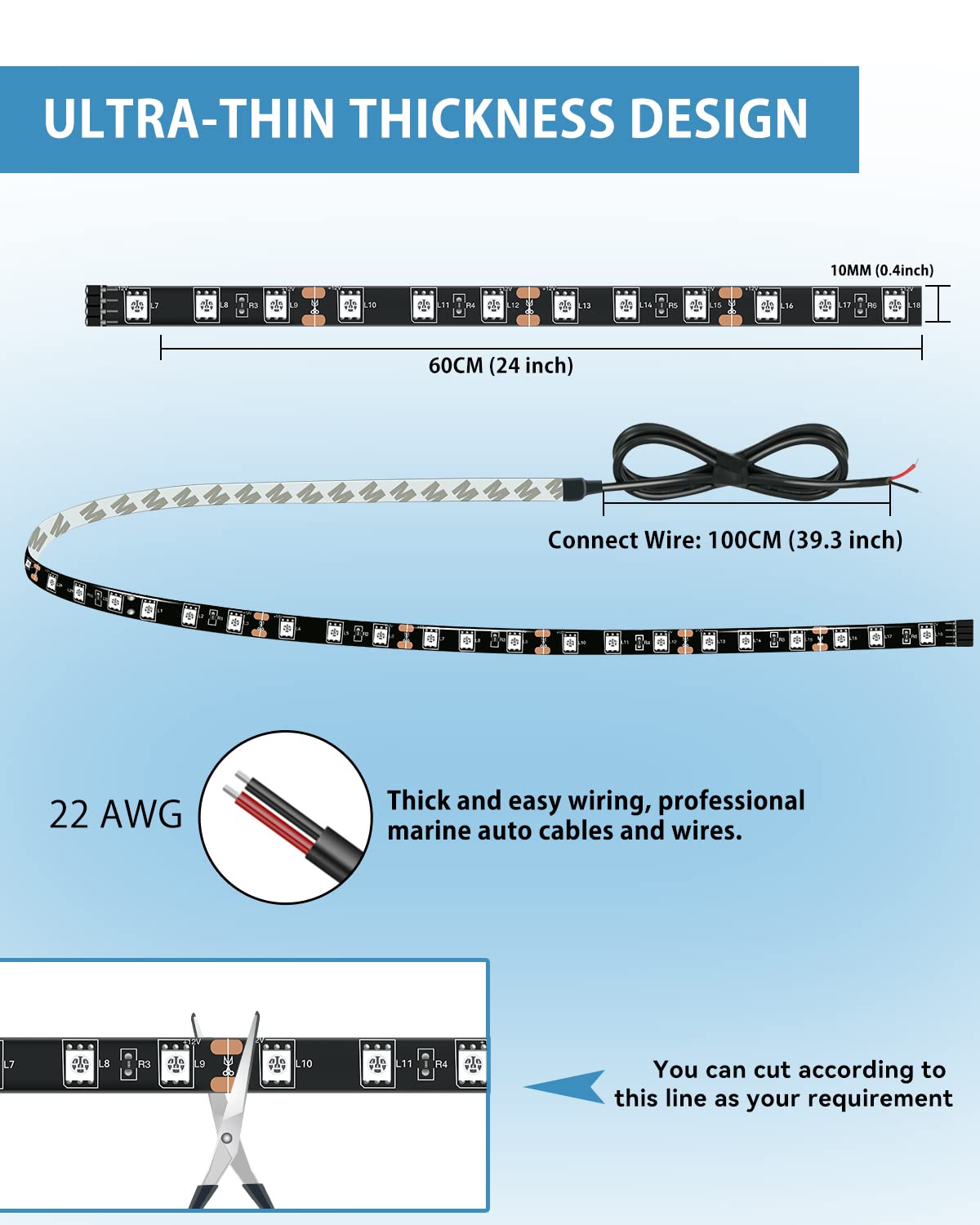 Motorbike Underglow 12V Led Strip Lights Neon Interior Car Lights Connectable Red Led Light Strips 12V for Cars Interior Lights Boat Marine Trucks 4Pack(60cm/24" Red)