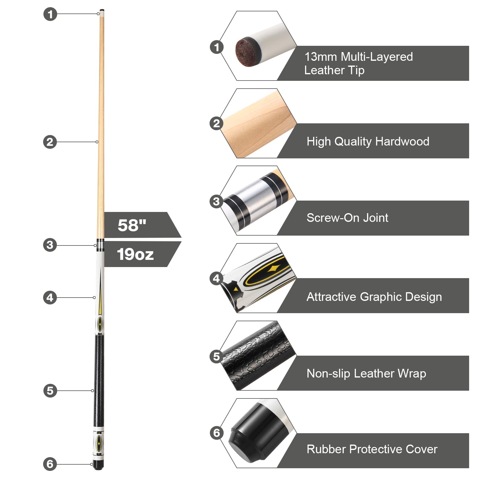 ASMPCUE Pool Cue, 58 Inch Billiard Cue 13mm Tip Pool Cue for Professional Billiard Players, 1/2 Maple Cue Sticks for Billiard Table Sports, Bar Pool