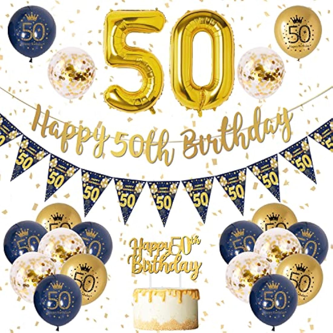 50th Birthday Decorations Men Blue Gold Happy 50th Birthday Banner, 50th Birthday Balloons, Navy Blue Gold Latex Balloons Party Decorations Confetti Balloons for Men 50 Birthday Party Supplies
