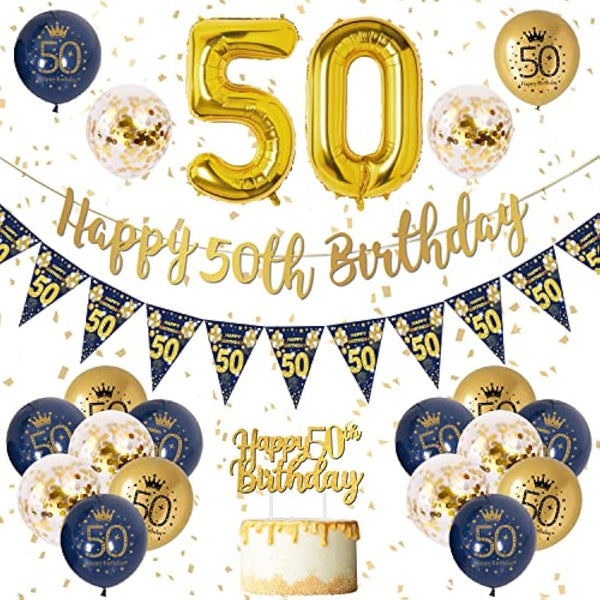 50th Birthday Decorations Men Blue Gold Happy 50th Birthday Banner, 50th Birthday Balloons, Navy Blue Gold Latex Balloons Party Decorations Confetti Balloons for Men 50 Birthday Party Supplies