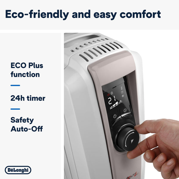 De'Longhi Dragon 4 TRDSX40820E.WB, Oil Filled Radiator with Electronic Timer, Quiet Heater with Functional Design, Chimney Design and Castors, Safety Thermostat, 3 Fan Settings, 2000W, White/Beige