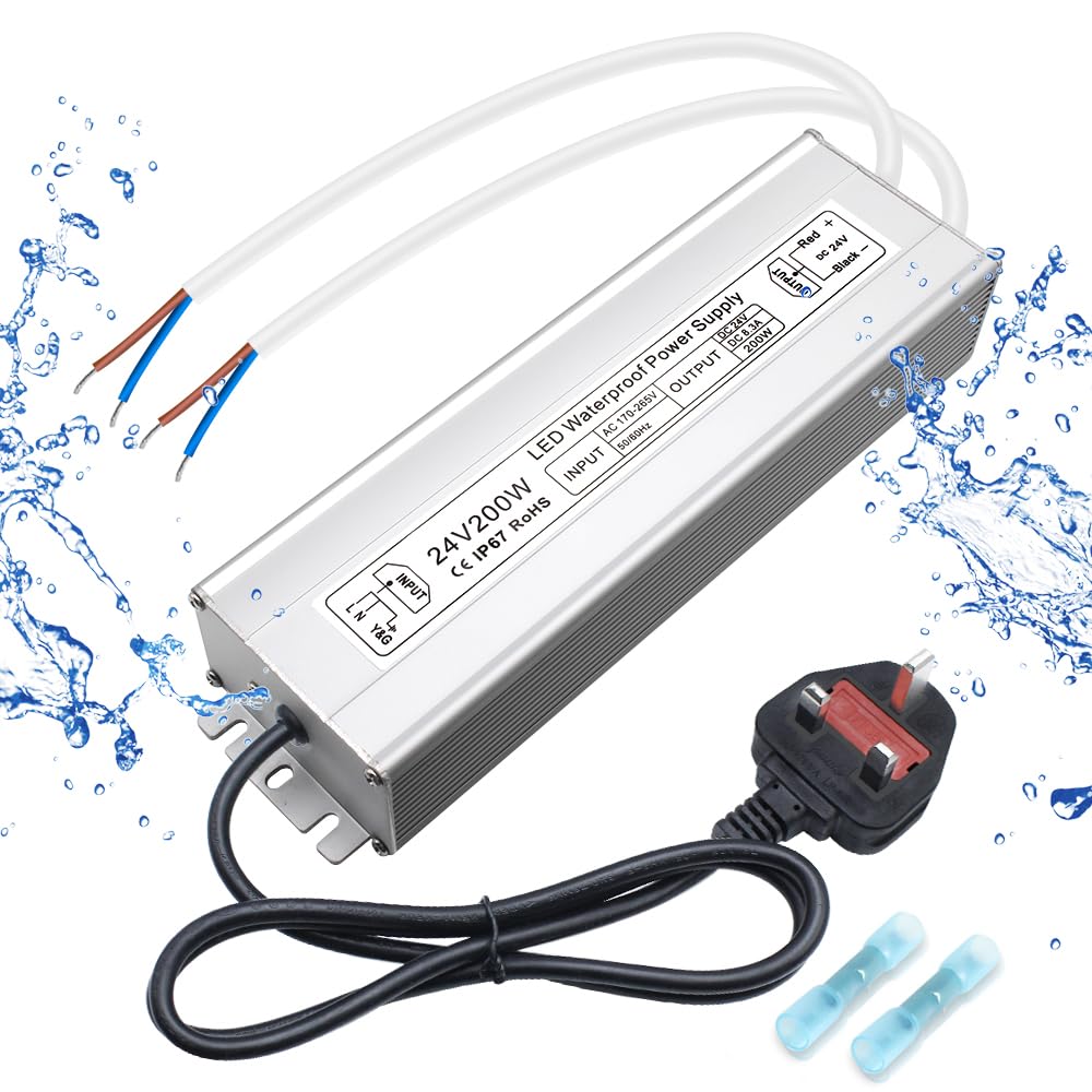 inShareplus LED Power Supply, 24V 200W IP67 Waterproof Outdoor Driver, AC 170-265V to DC 24V 8.3A Low Voltage Transformer, Adapter with 3-Prong Plug