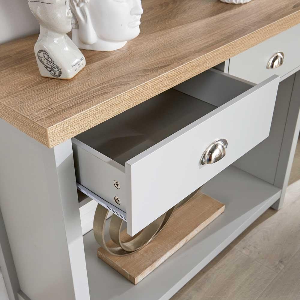 Home Source 2 Drawer Console Side Table Compact Sideboard Storage, Grey, Oak Effect