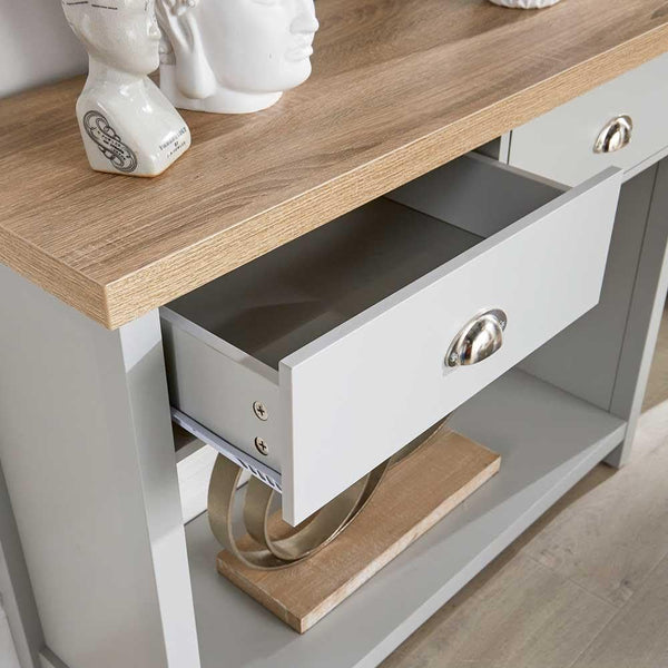 Home Source 2 Drawer Console Side Table Compact Sideboard Storage, Grey, Oak Effect