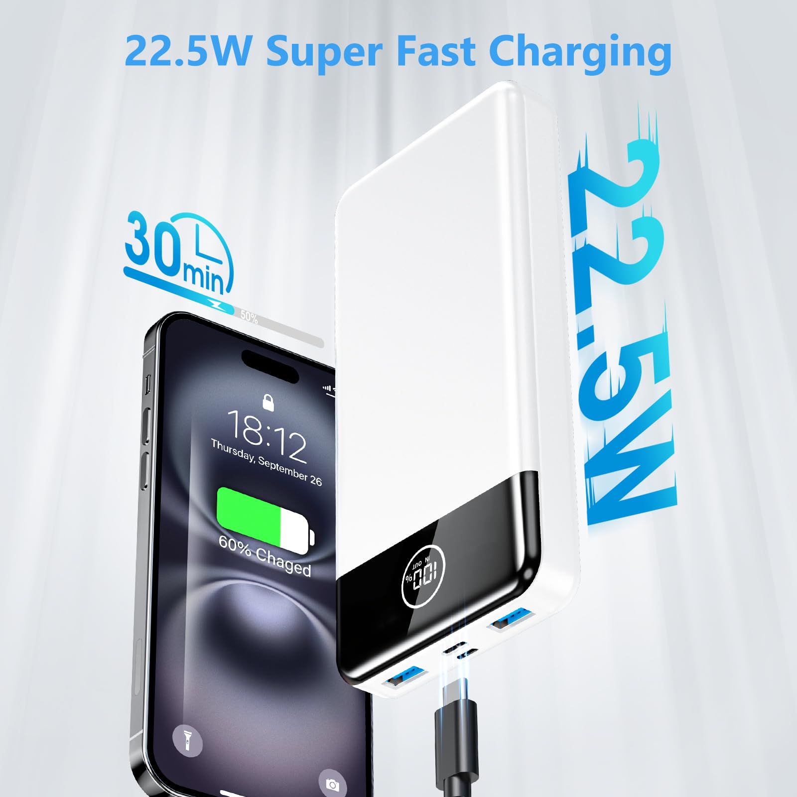 Power Bank Fast Charging 26800mAh, Portable Charger PD22.5W, PD3.0 QC4.0 USB-C/USB-A Output, Phone Battery Pack for iPhone 16 15 14 13 Plus Pro Max Mini, Glaxy