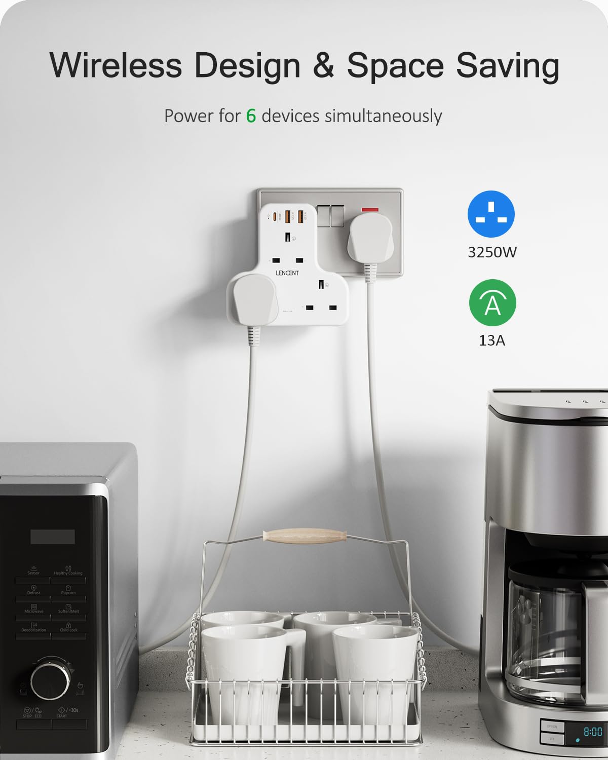 LENCENT Plug Extension Socket, 3 Way Multi Plug Socket with 3 USB Ports, Power Extender Wall Adaptor for Household Appliances, Iphone, Smartphone, Tablet, Home, Office, Bedroom, 13A 3250W
