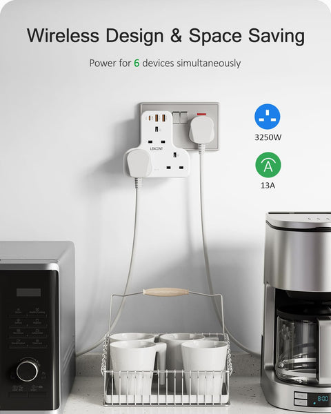 LENCENT Plug Extension Socket, 3 Way Multi Plug Socket with 3 USB Ports, Power Extender Wall Adaptor for Household Appliances, Iphone, Smartphone, Tablet, Home, Office, Bedroom, 13A 3250W