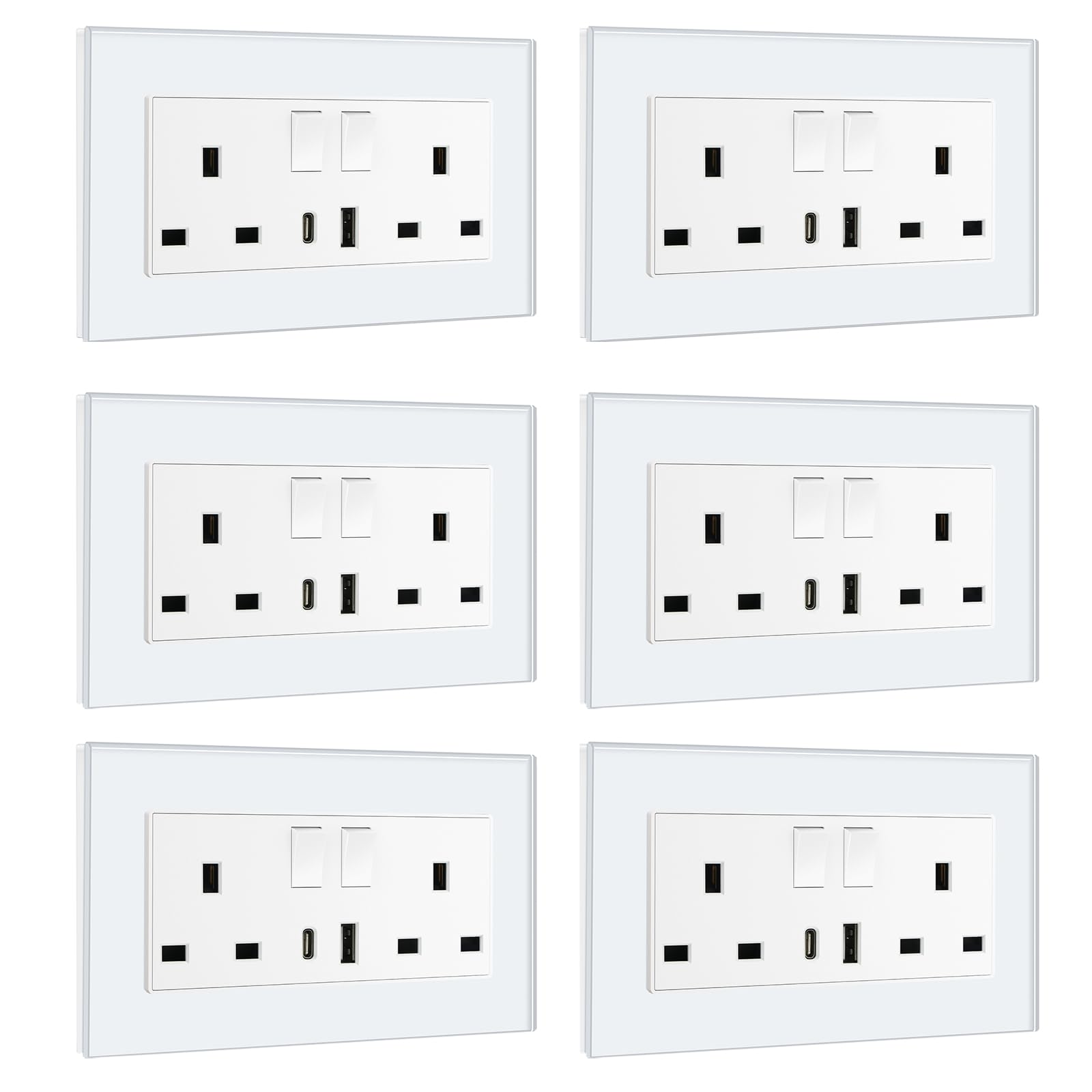 BSEED Double Socket 13A with LED Indicator, Double Switched Wall Socket 2 Gang UK Standard, Electric Switched Plug Power Wall Outlet with Glass Panel, Grey