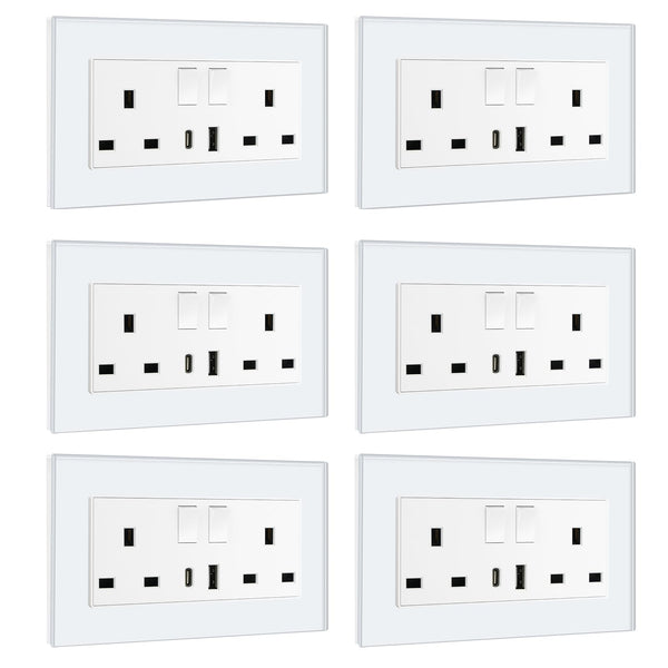 BSEED Double Socket 13A with LED Indicator, Double Switched Wall Socket 2 Gang UK Standard, Electric Switched Plug Power Wall Outlet with Glass Panel, Grey
