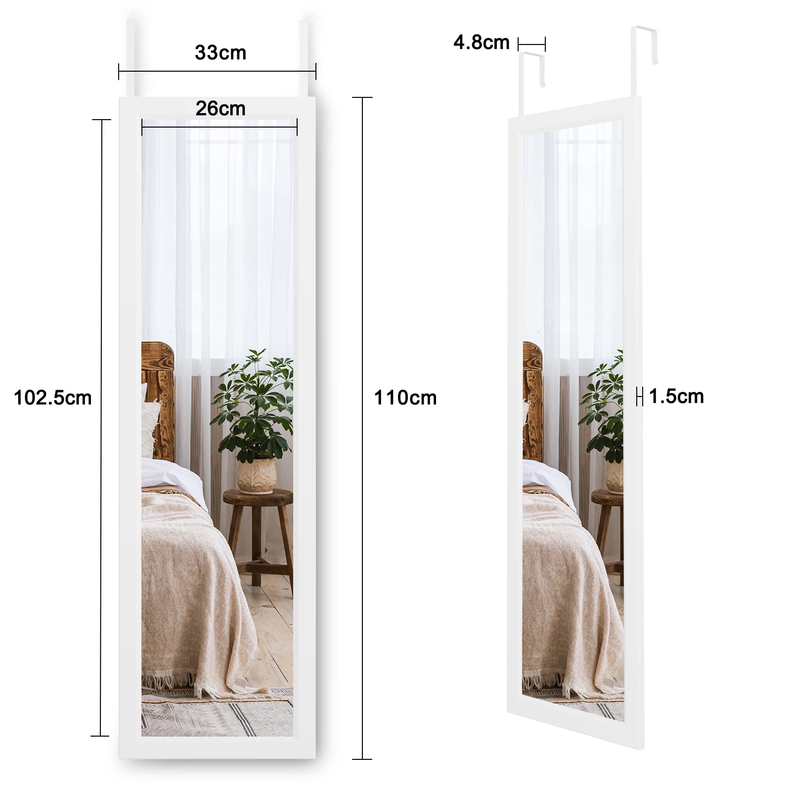 Dripex Over Door Mirror Full Length, 110 x 33cm Wall Mounted Mirror Door Hung Mirror for Bathroom/Bedroom/Wardrobe - Toughened Glass, White
