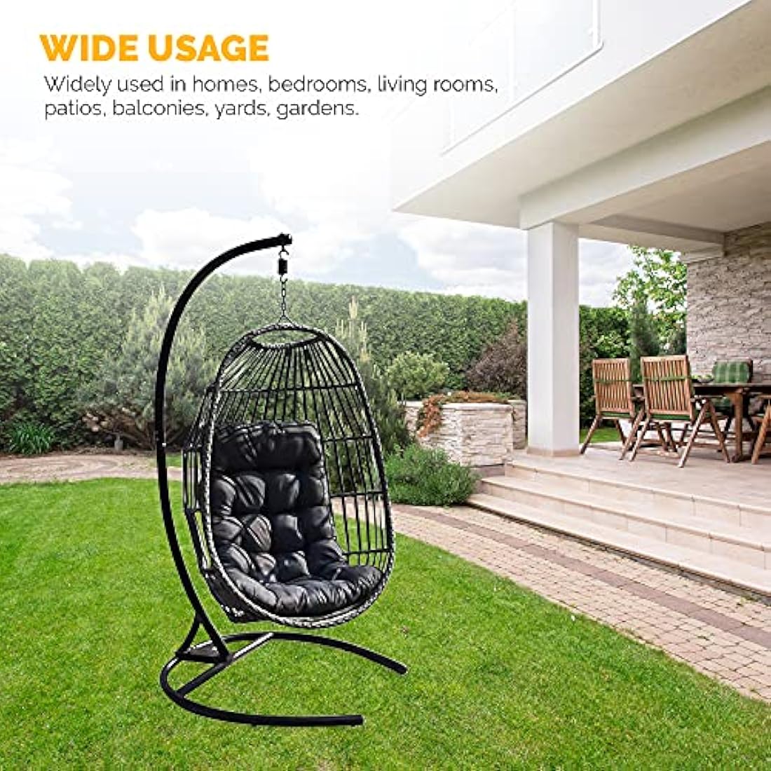 SEDOL Hanging Egg Chair with Stand – Foldable Rattan Swing Chair for Garden, Patio or Balcony – Indoor Outdoor Collapsible Hanging Seat with Cushion – Summer Relaxation Garden Chair (Grey)