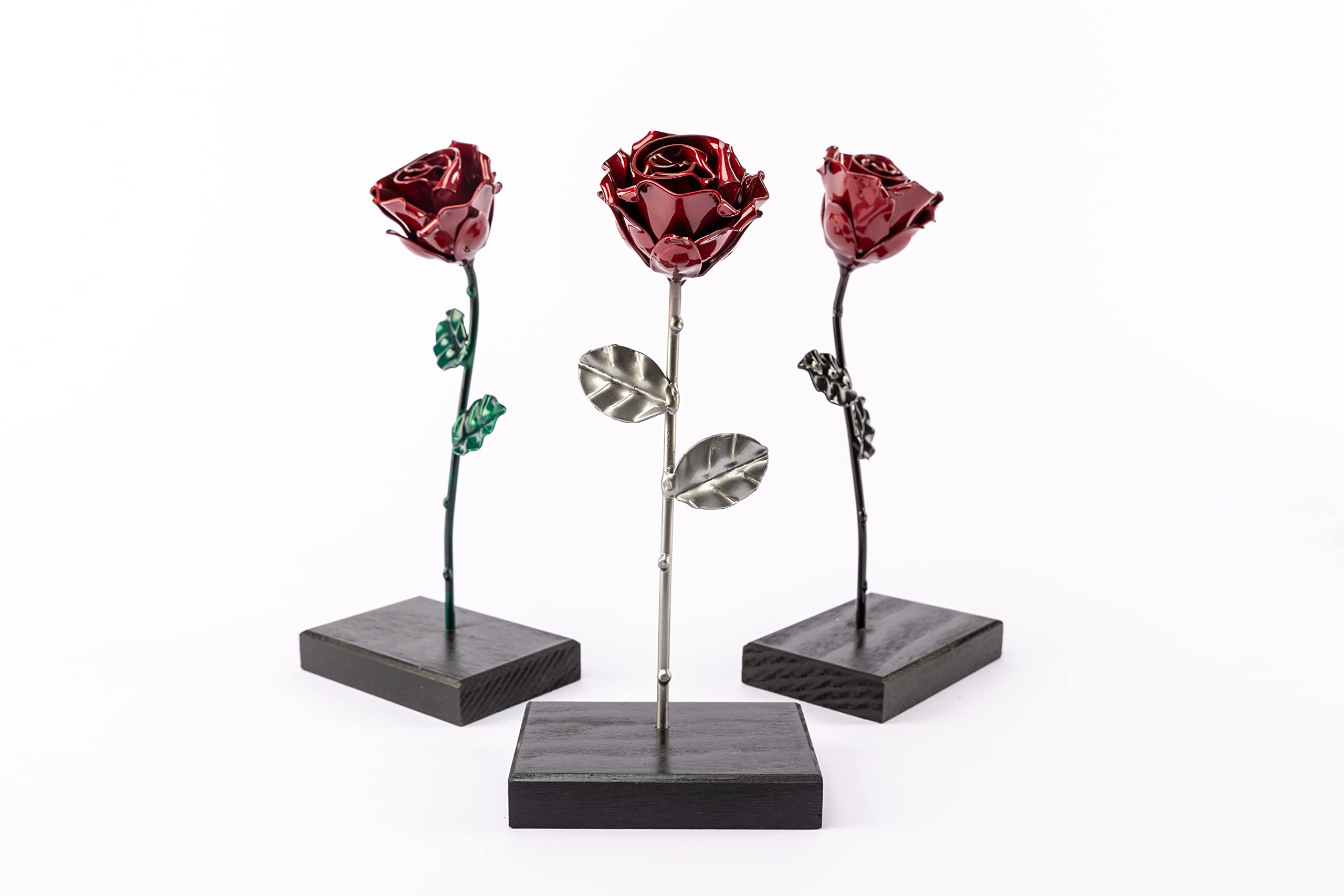 Forging Art Bcn Hand Forged Eternal Wrought Iron Rose with Base - Gift for Valentine's Day, Mother's Day, 6th Year Wedding Anniversary (Red/Silver)