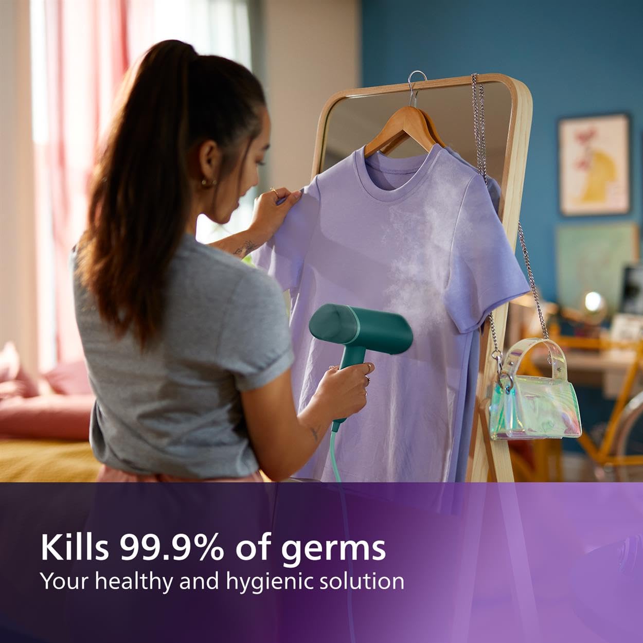 Philips 3000 Series Handheld Steamer, 1000W, 20 g/min Steam, Kills Germs, Detachable 100ml Water Tank, Compact + Foldable, Plastic Plate, Blue (STH3000/26)