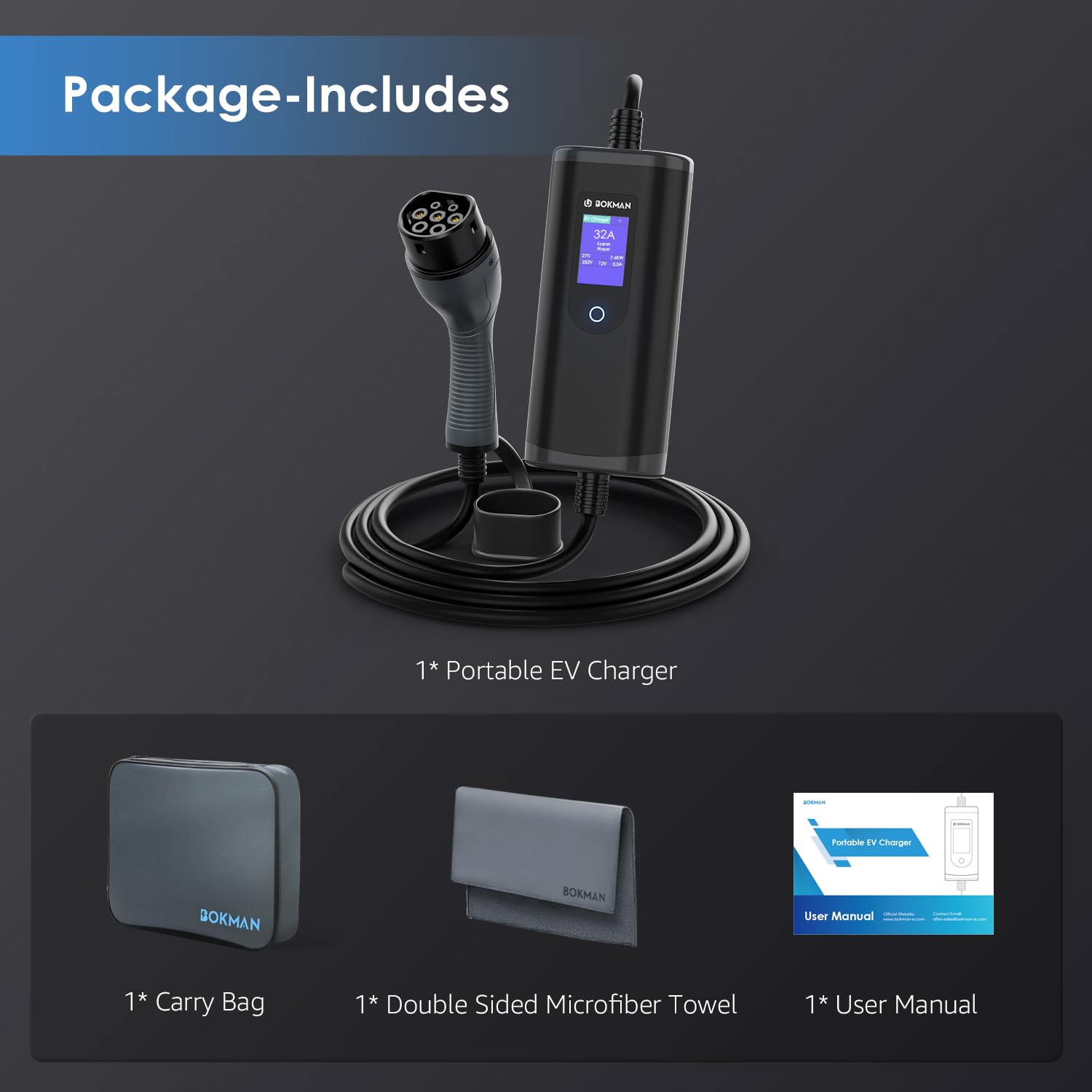 bokman EV Charger Type 2 to 3 Pin Plug, 5M / 3.3kW / 13A / IP65 Waterproof, Electric Car Charger with LED Indicators, Type 2 Charging Cable 3 Pin with Carry Bag & Microfiber Towel