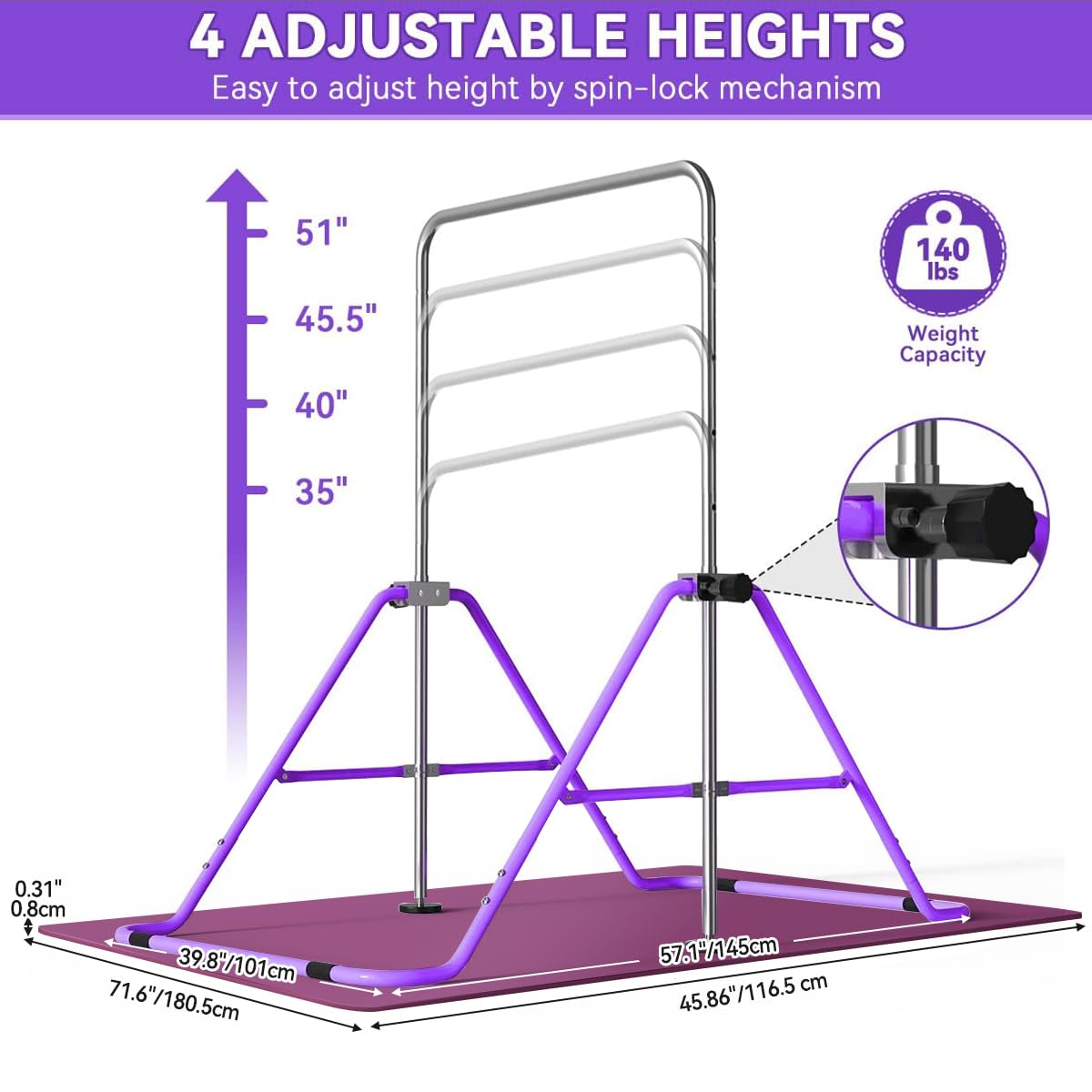 FBSPORT Gymnastics Bar, Folding Horizontal Bar Gymnastics Equipment for Kids Home Training, Expandable Gymnastics Training Bar Junior with Adjustable Height for Girls Boys