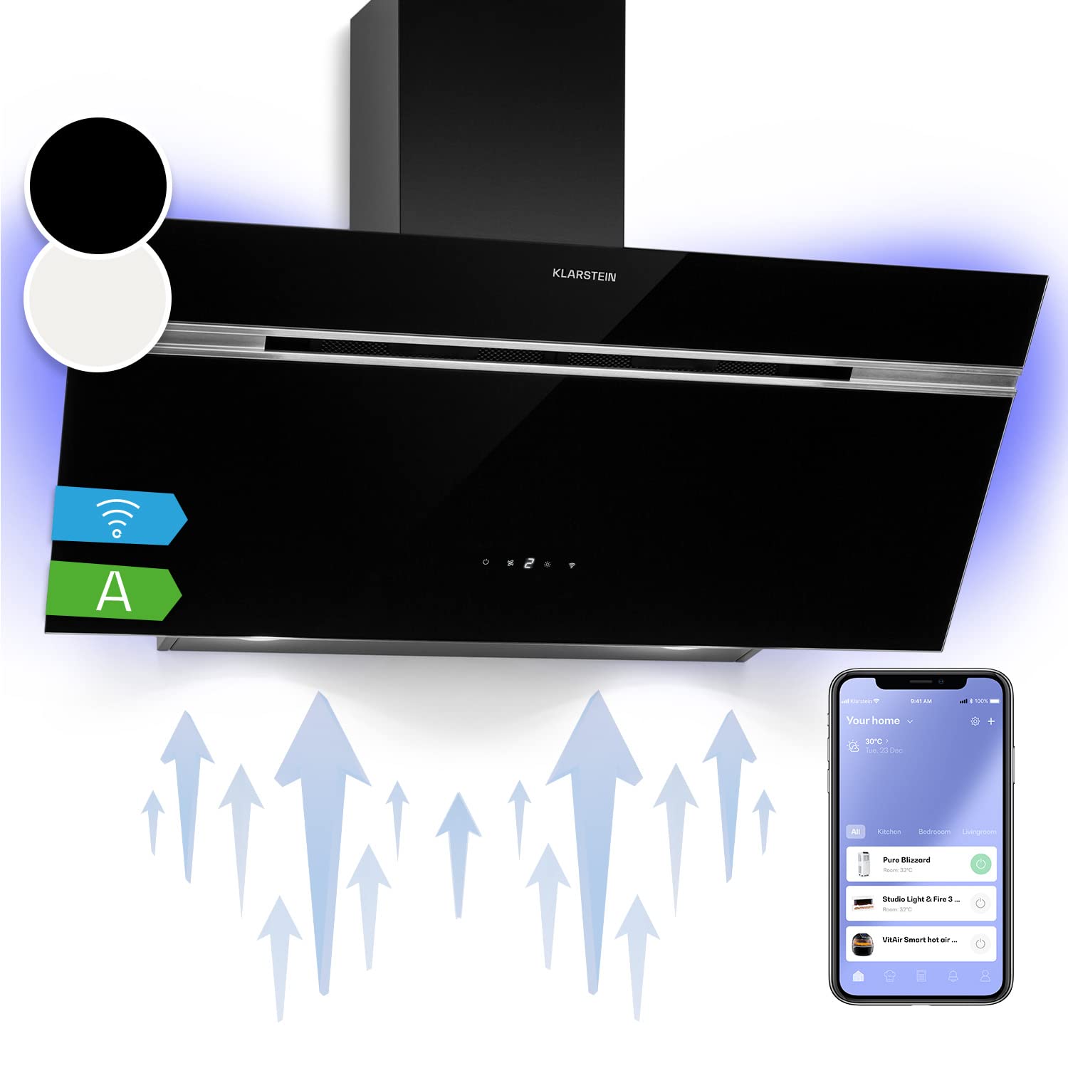 Klarstein Alina 90 Angled Cooker Hood - 600m³/h Air Flow, Touch Panel, LED Backlighting, Quiet 63dB, Energy Class A, 90cm Extractor Hood, Black