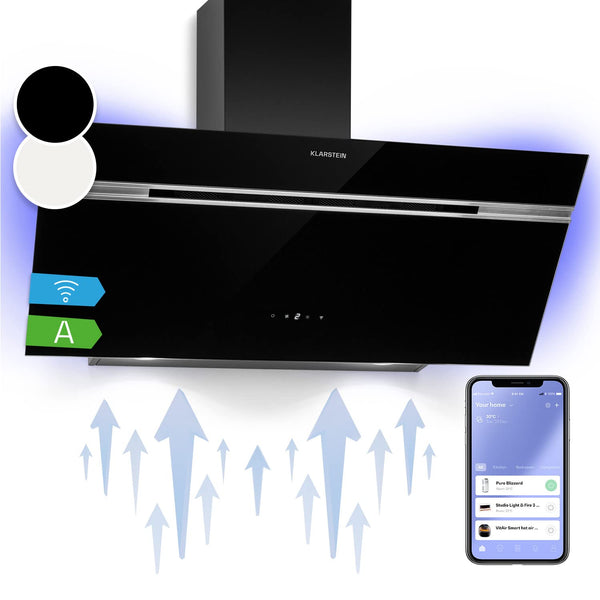 Klarstein Alina 90 Angled Cooker Hood - 600m³/h Air Flow, Touch Panel, LED Backlighting, Quiet 63dB, Energy Class A, 90cm Extractor Hood, Black