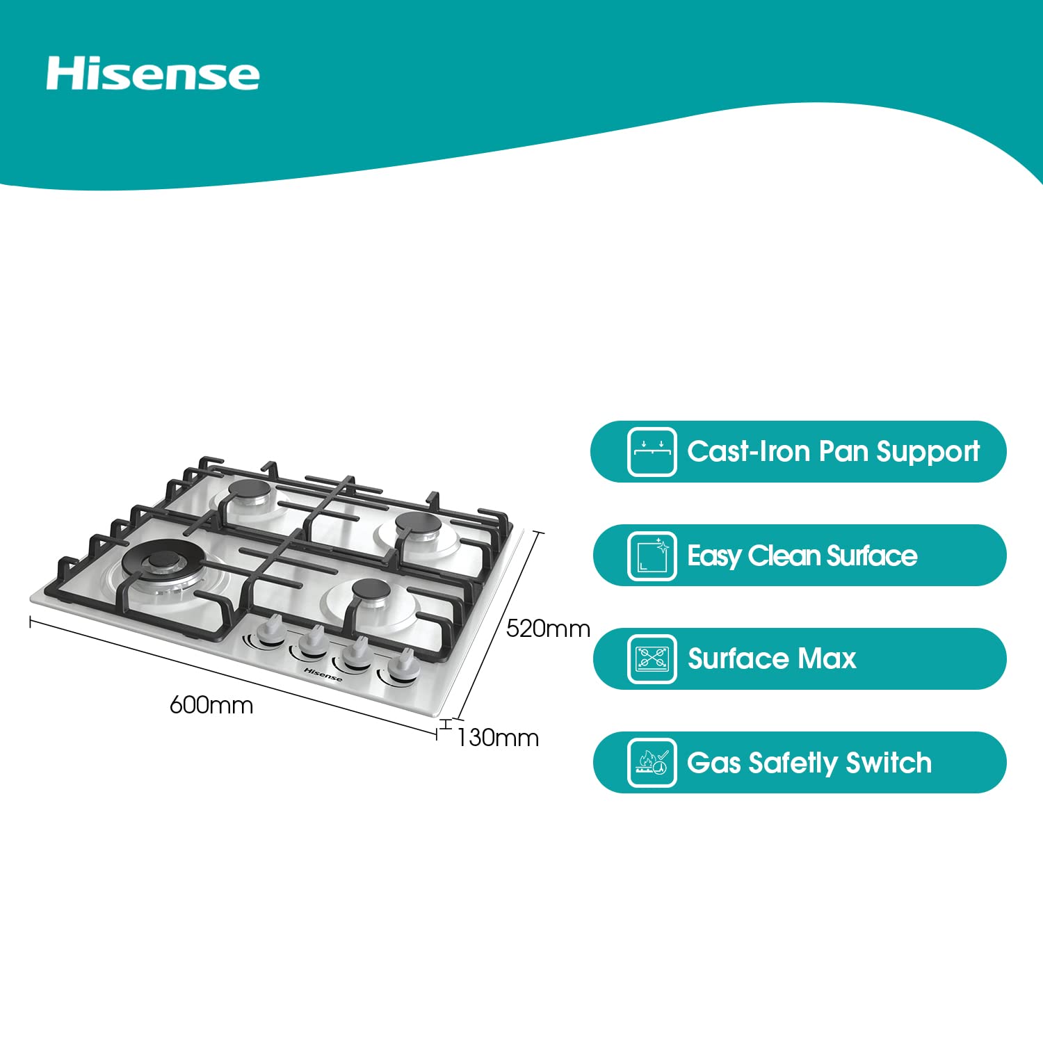 Hisense GM773XF 75cm 5 Burners Built-in Gas Hob with Easy Clean Surface, Wok Burner - Stainless steel