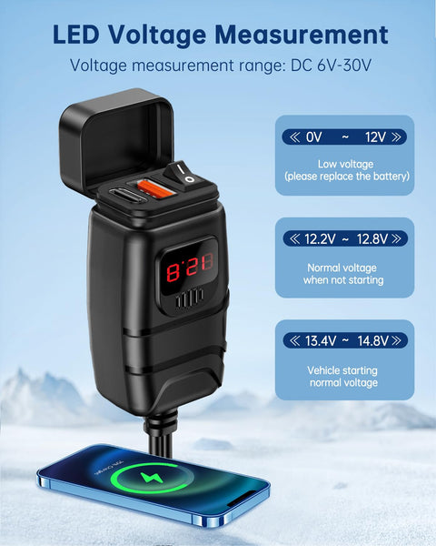 ZEXMTE 12V USB Socket, Quick Charge 3.0 Dual USB Motorcycle Socket with On/Off Switch and LED Voltmeter, Waterproof SAE-to-Dual USB Car Adapter for 12~24V Motorcycle Motorhome Boat