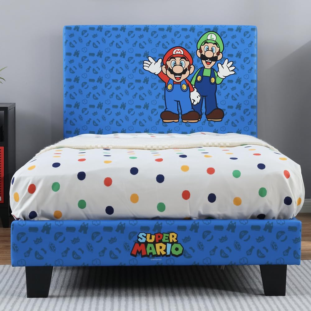 X-Rocker Official Nintendo Super Mario Gaming Bed for Kids, 3ft Single Bedstead Frame, Wooden Slats, PU Faux Leather Upholstered Headboard, Mario & Luigi, Kids Bedroom for Gamers 90x190cm - RED