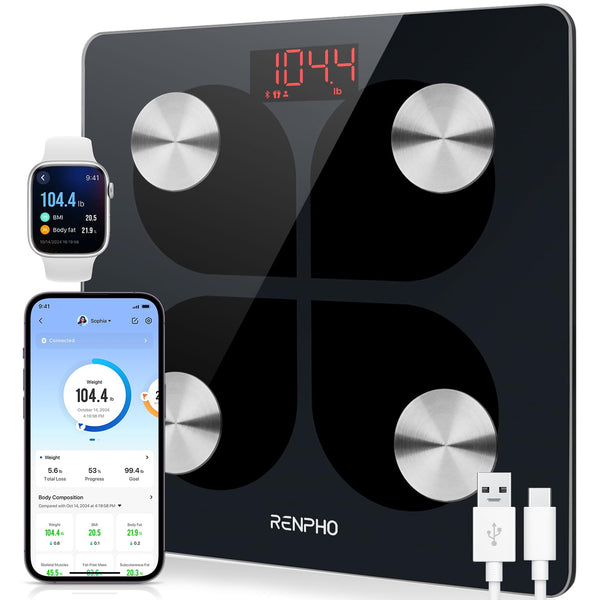 RENPHO Scales for Body Weight, Digital Bathroom Scales with High Precision Sensors, Bluetooth Weighing Scales Body Composition Monitors with App, Elis 1
