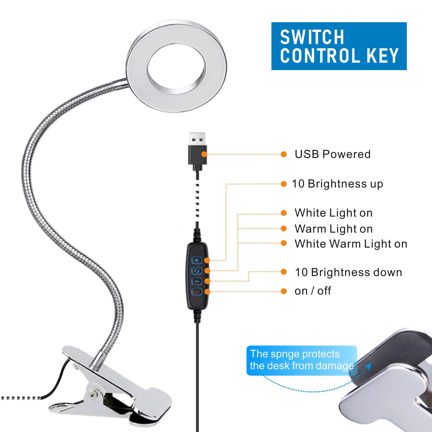 KNAMKY USB LED Desk Lamp Clip On Light, 3 Light Mode 10 Dimmable Brightness Eye Caring Book Adjustable for Reading Studying Working Video Conference Lighting (Black)