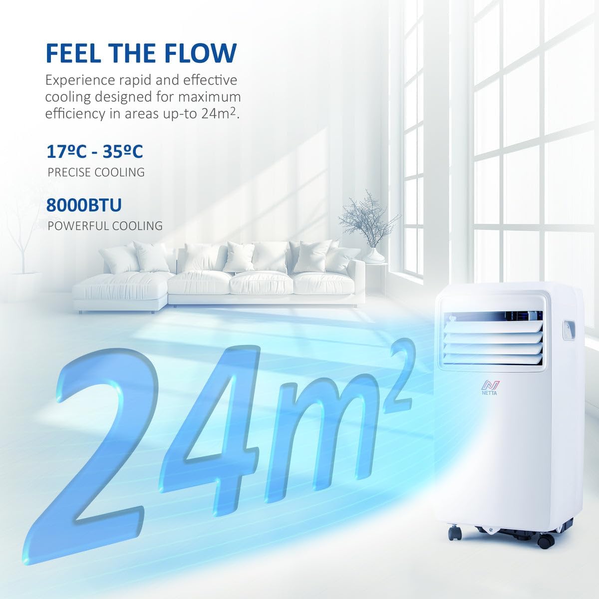 NETTA Portable Air Conditioner 3-IN-1 8000BTU, Dehumidifier, Cooling Fan - WiFi Smart App, 3 Speed Settings, Weekly Timer, Remote Control [Energy Class A] [Energy Class A]