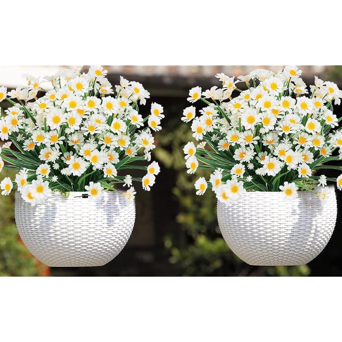 4PCS Artificial Daisy Flowers Outdoor Spring Summer Decoration UV Resistant Fake Flowers Faux Plastic Greenery Shrub Plant Indoor Outside Hanging Garden Home Porch Wedding Party Decor (White)