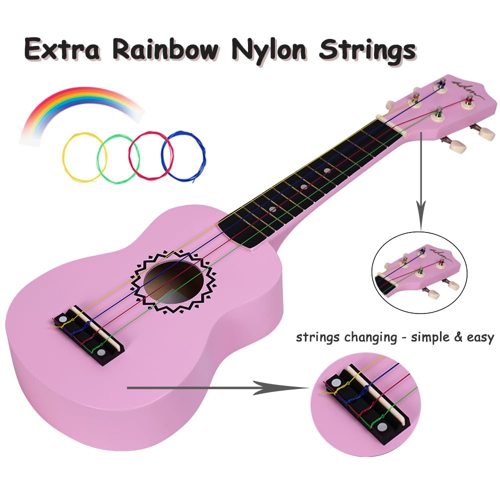 ADM Soprano Ukulele Set for Kids and Beginners, Ukulele Starter Kit with Bag, Clip-On Tuner, Rainbow Strings, Colourful Strap, Plectrum, Fingerboard Sticker, Chord Card (Dark Blue)