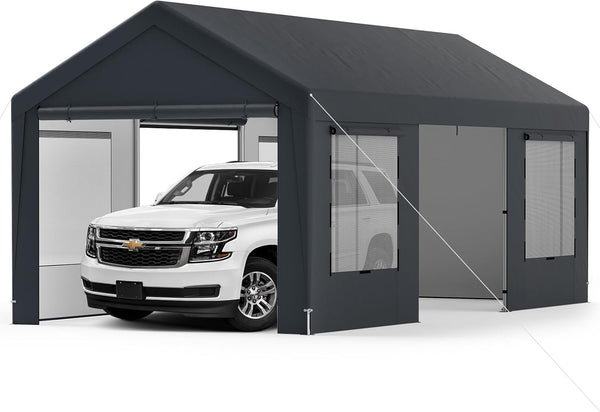 COSTWAY 3mx6m Carport, Heavy Duty Galvanized Car Canopy with 8 Removable Sidewalls & Adjustable Tarp, UV Resistant Waterproof Garage Boat Shelter Party Tent for Outdoor Garden