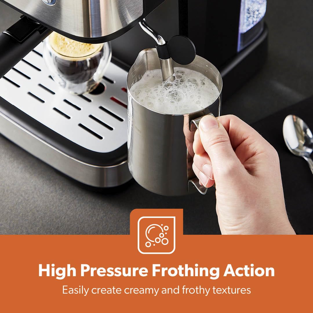 GEEPAS Espresso & Cappuccino Coffee Machine with Milk Frother, 20 Bar Pressure | 1.5L Water Tank Capacity, Stainless Steel Housing | 1100W, Silver, Ideal for Barista Quality Beverages