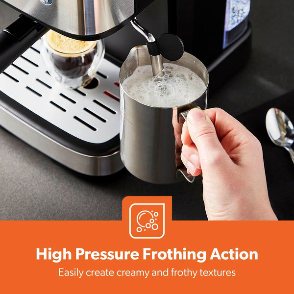 GEEPAS Espresso & Cappuccino Coffee Machine with Milk Frother, 20 Bar Pressure | 1.5L Water Tank Capacity, Stainless Steel Housing | 1100W, Silver, Ideal for Barista Quality Beverages