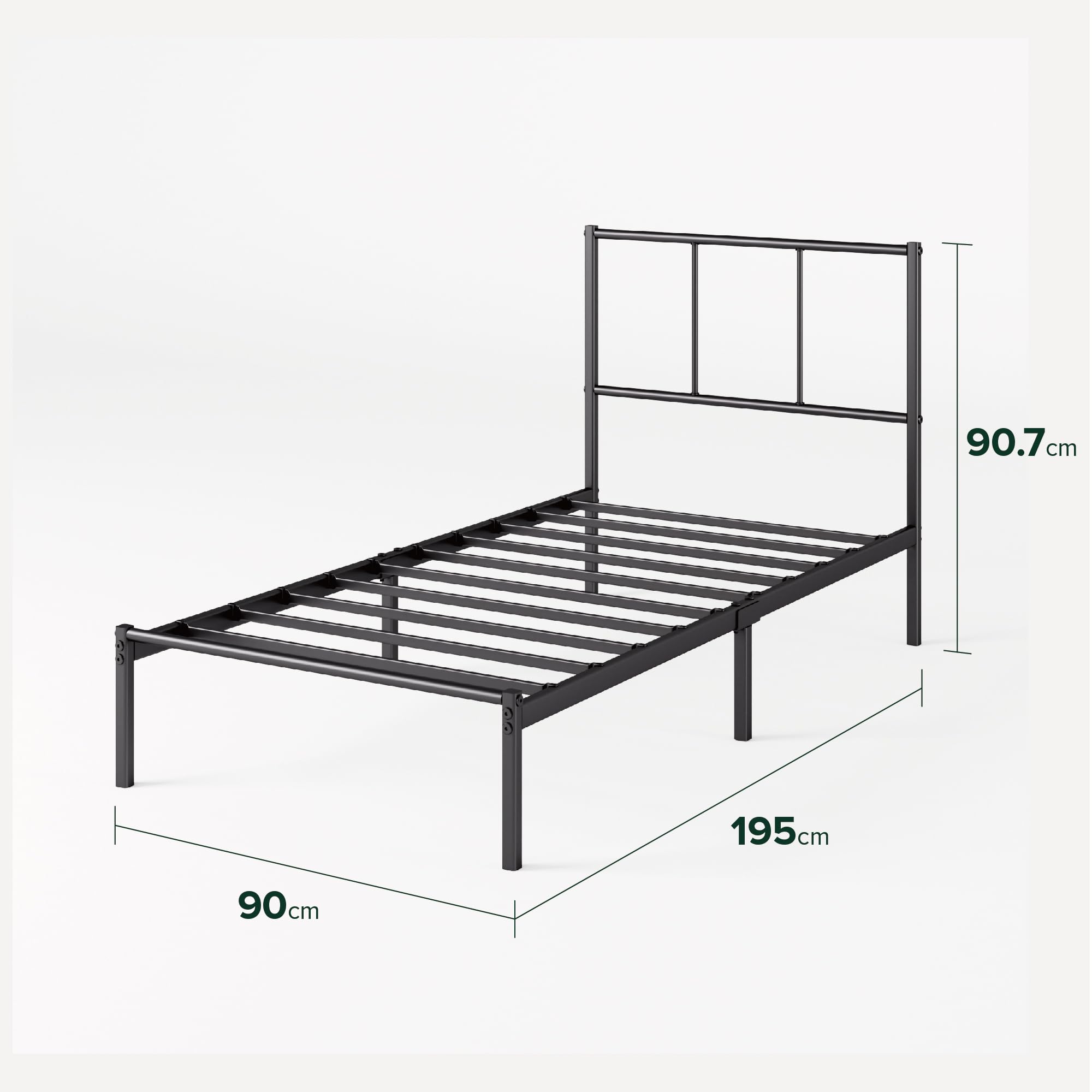 ZINUS Justin Double Bed frame - Bed 135x190 cm - 36cm Height - Metal bed frame with Underbed storage and steel slat support - Black