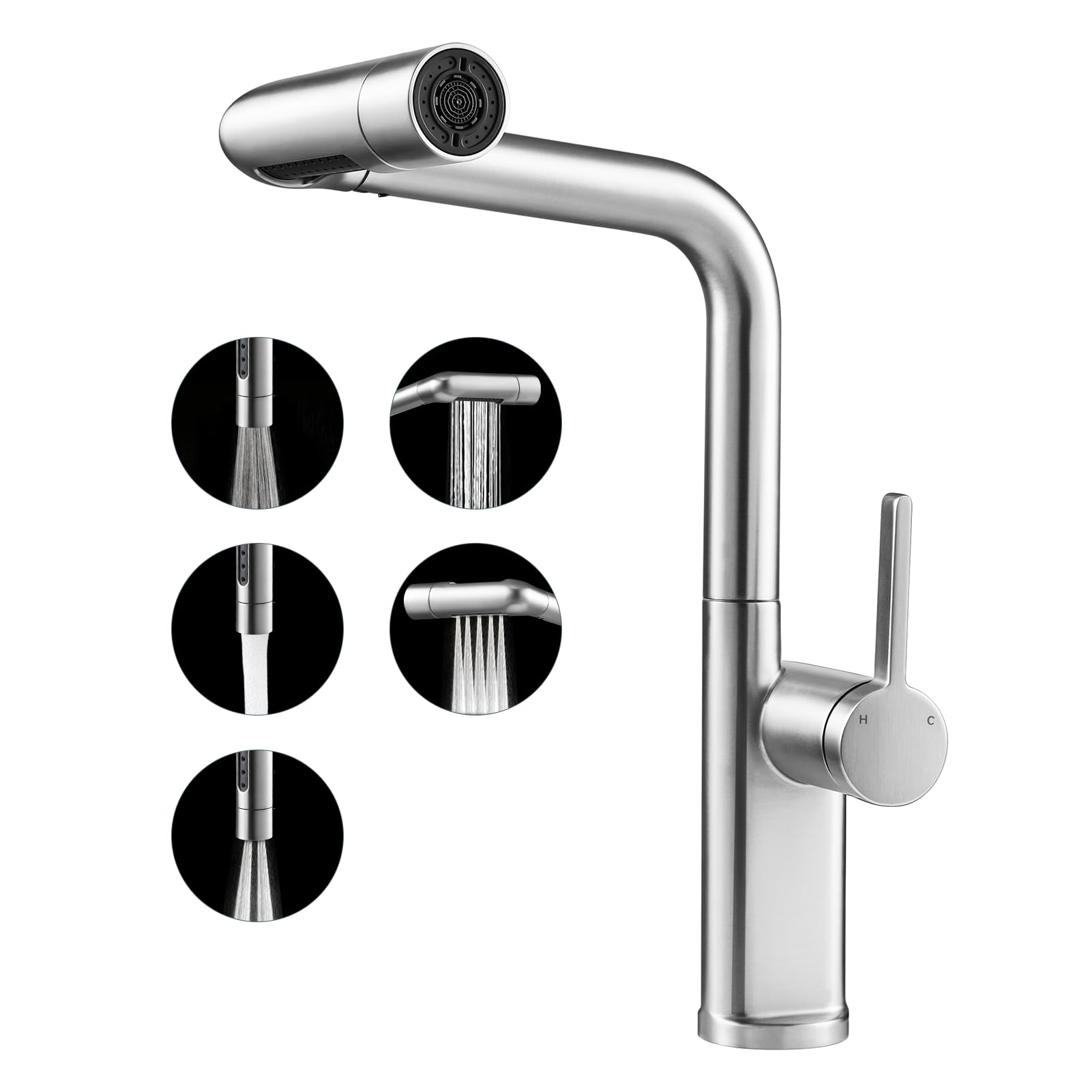 Warmiehomy 5 Modes Kitchen Taps Mixer with Pull Out Spray,High Arc 360° Swivel Dual Spout Pull Down Stainless Steel Kitchen Sink Taps,Brushed Nickel