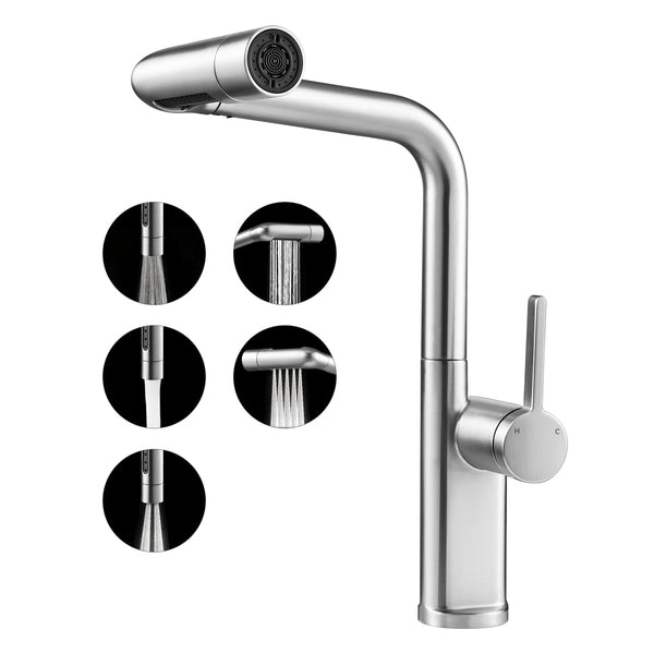 Warmiehomy 5 Modes Kitchen Taps Mixer with Pull Out Spray,High Arc 360° Swivel Dual Spout Pull Down Stainless Steel Kitchen Sink Taps,Brushed Nickel