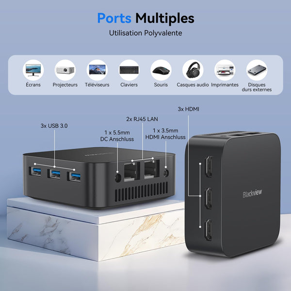 Blackview MP100 Aesthetic Mini PC Win 11 Pro, Ultra-Fluid 144Hz, AMD Ryzen 7430U, 16GB RAM 512GB SSD Mini Desktop Computer, Smart RGB, 3-Year Guarantee, WiFi 6/BT 5.2, Triple 4K Display for Home