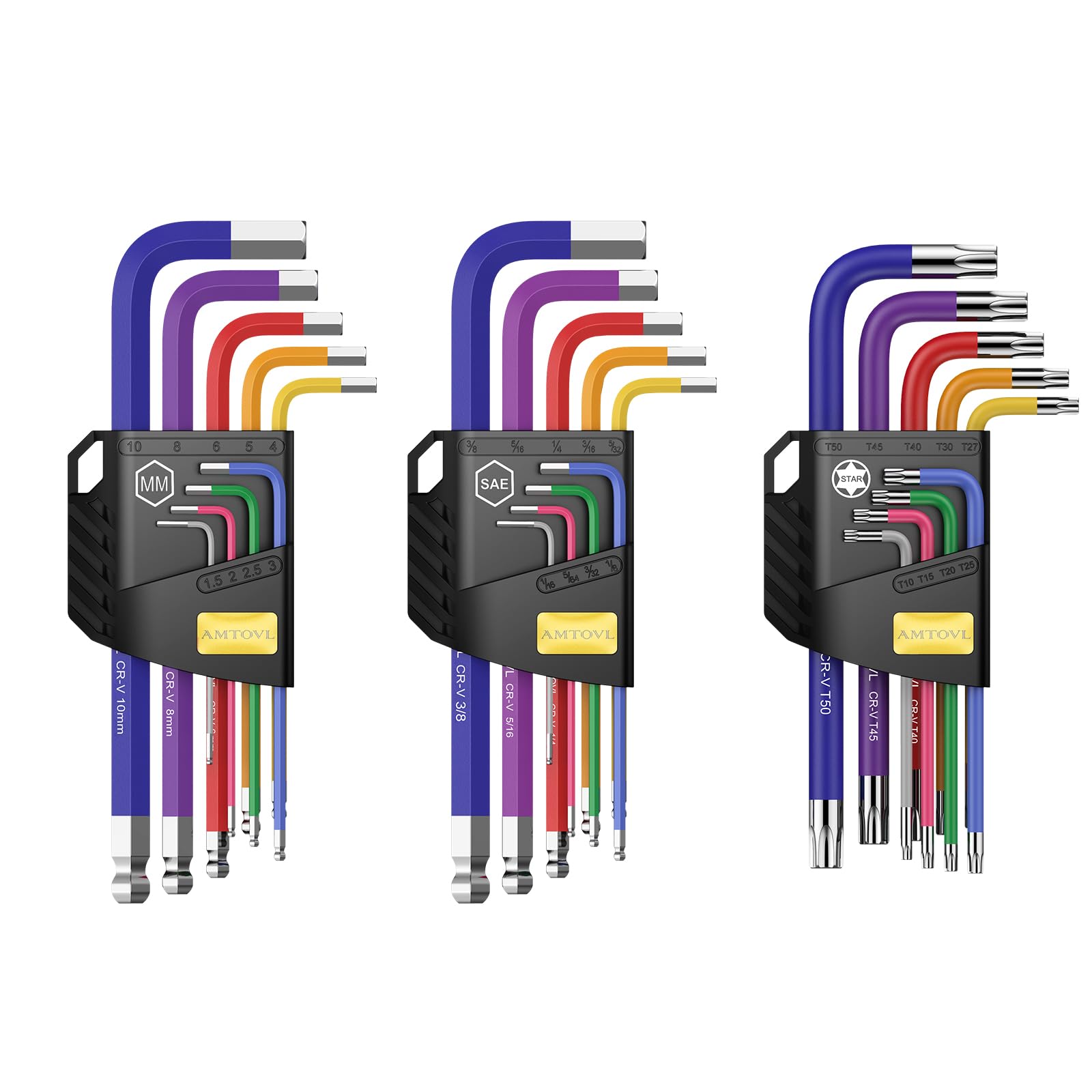 AMTOVL Hex Keys Set, 27PCS Allen Key Set & Star Key Set, Magnetic S2 Steel Metric Imperial Extra Long Ball End Hex Key Set with Color Coding with T-Handle for Bicycle Repair Household DIY