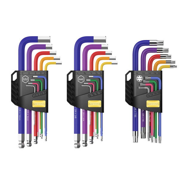 AMTOVL Hex Keys Set, 27PCS Allen Key Set & Star Key Set, Magnetic S2 Steel Metric Imperial Extra Long Ball End Hex Key Set with Color Coding with T-Handle for Bicycle Repair Household DIY