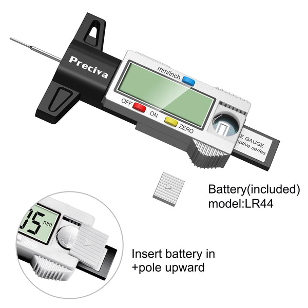 Tyre Tread Depth Gauge, Preciva Silver 0-25.4mm/Inch Digital Tire Checker UK, Tyres Depths Measuring Tool with Large LCD Screen for Cars, Trucks, Vans