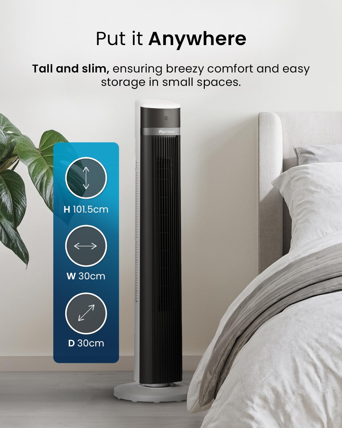 Pro Breeze Bladeless Tower Fan Quiet & Portable with Remote Control, 90° Oscillation, 15h Timer, 4 Modes, 3 Speeds - Powerful Electric 45W Motor Standing Air Circulator for Bedroom & Office