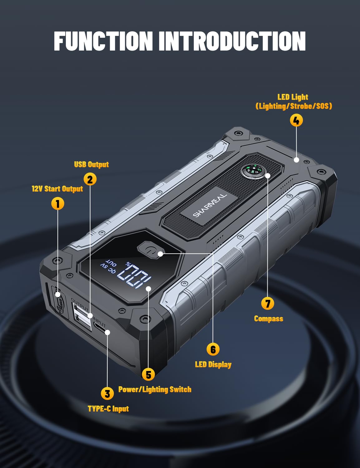 SHARMEAL 6000A Portable Car Battery Booster (all Gas/10L Diesel), Jump Starter Power Pack with 150PSI Air Compressor, 12V Car Jump Starter Power Bank with Jump Leads, LCD Screen, Emergency Light