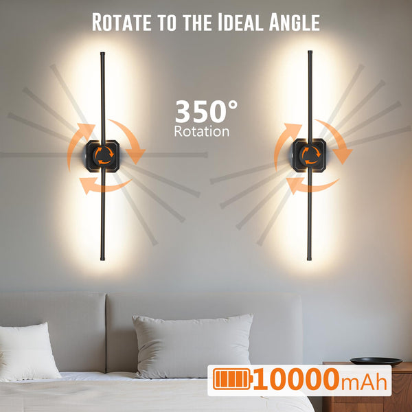 Battery Operated Wall Lights Indoor,USB Rechargeable LED Wall Lamps,with Remote Control,Dimmable Touch Wireless Black 72cm 350°Rotation Modern Wall Light for Living Room/Bedroom,2 Pack [Energy C]