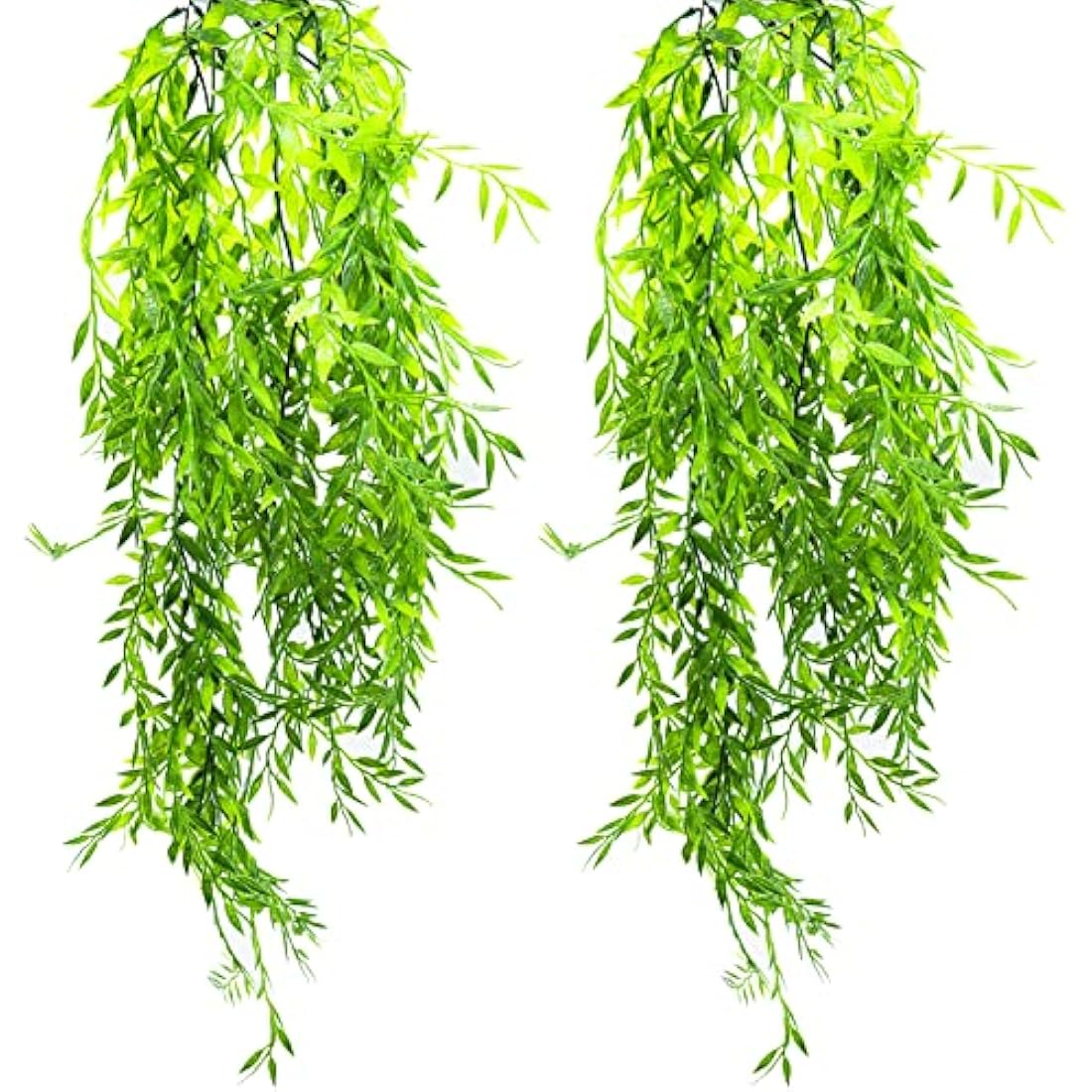 2 Pack Artificial Hanging Plants, Plastic Fake Ferns Ivy Artificial Trailing Plants, Fake Vine Hanging Basket, Faux Plant with Willow Leaves for Indoor Outdoor, Garden, Bedroom, Wall Decoration