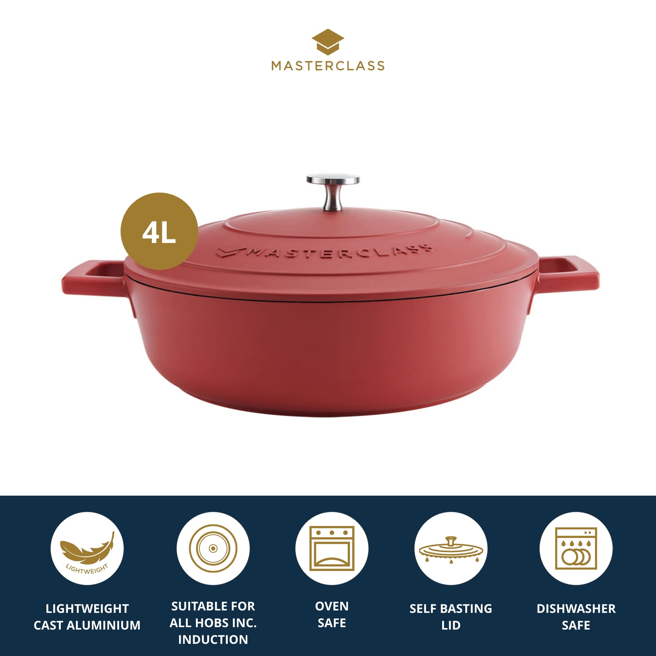 MasterClass Casserole Dish With Lid, Medium 4L/24 cm, Lightweight Cast Aluminium, Induction Hob And Oven Safe, Black