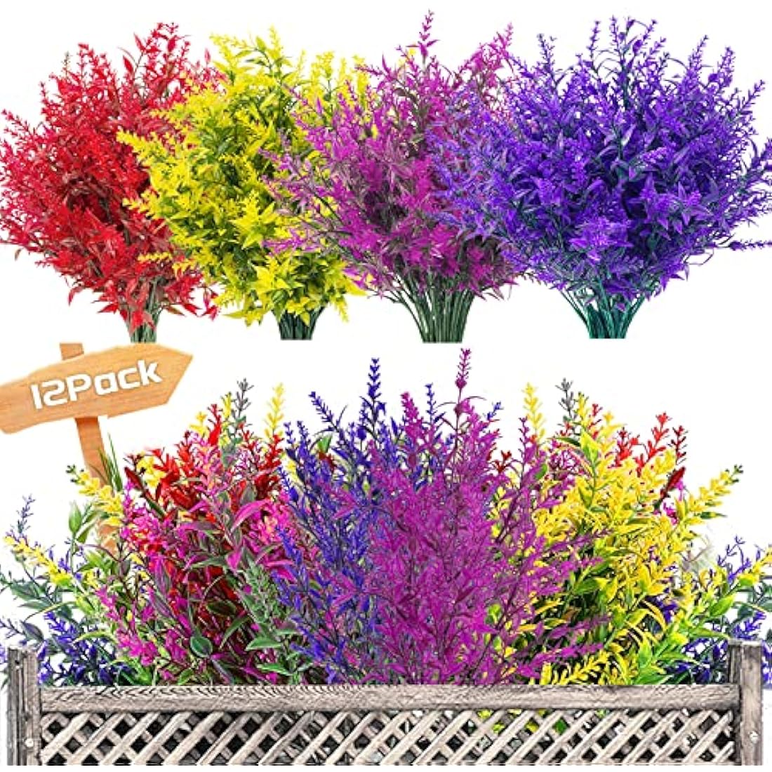 12 Bundles Outdoor Artificial Flowers UV Resistant Fake Plants, Faux Plastic Lavender for Indoor Outside Garden Home Wedding Farmhouse Decor (Mixed Color)