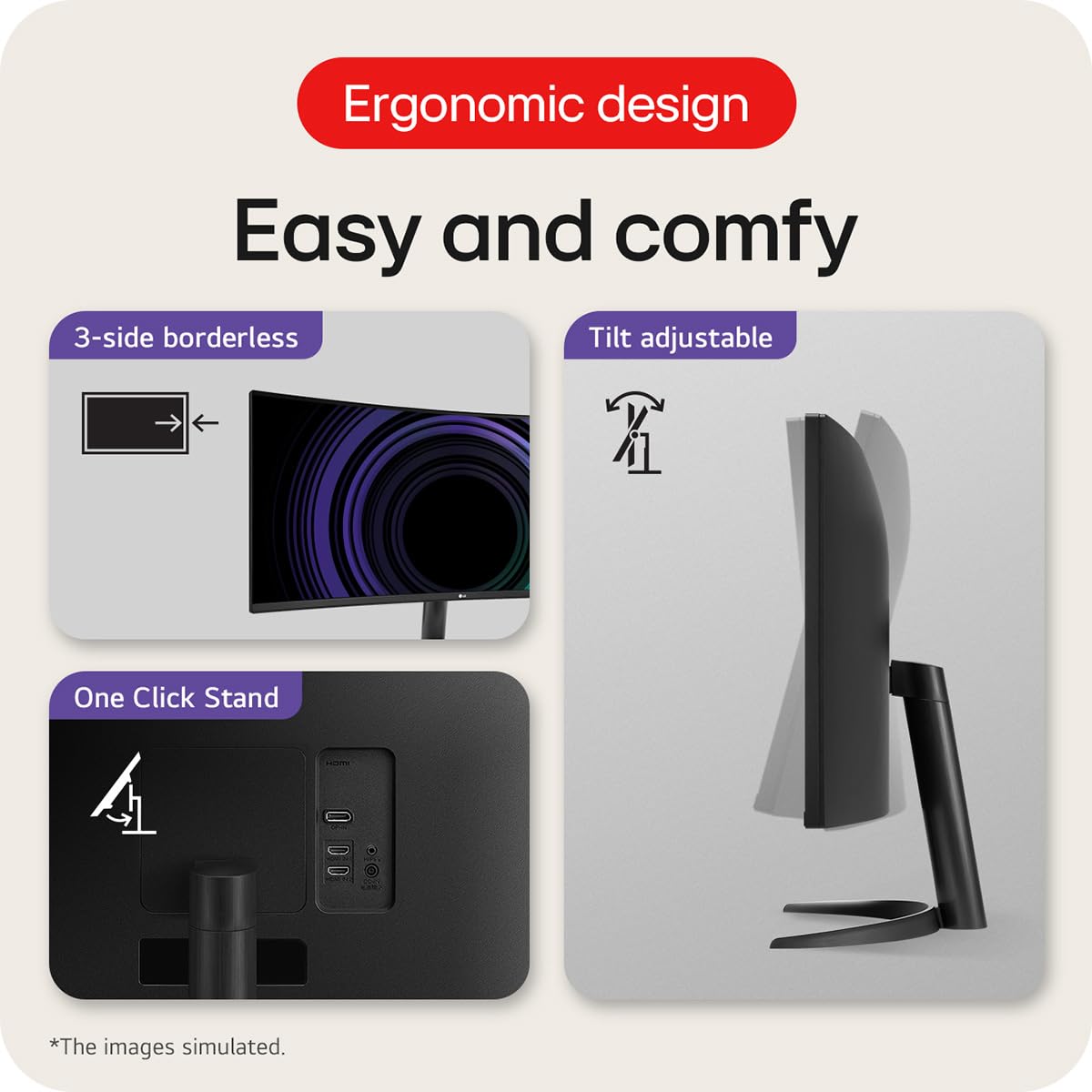 LG Electronics Curved UltraWide Monitor 34WR55QK, 34 inch, 1440p, 100Hz, 5ms Response Time, VA Panel, Smart Energy Saving, USB-C (65W Power Delivery), Displayport, HDMI