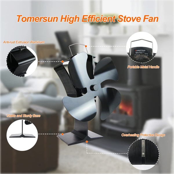 Tomersun 4 Blades Stove Fan Heat Powered Wood/Log Burner Fan Eco Friendly Heat Circulation for Wood/Log Burner/Fireplace