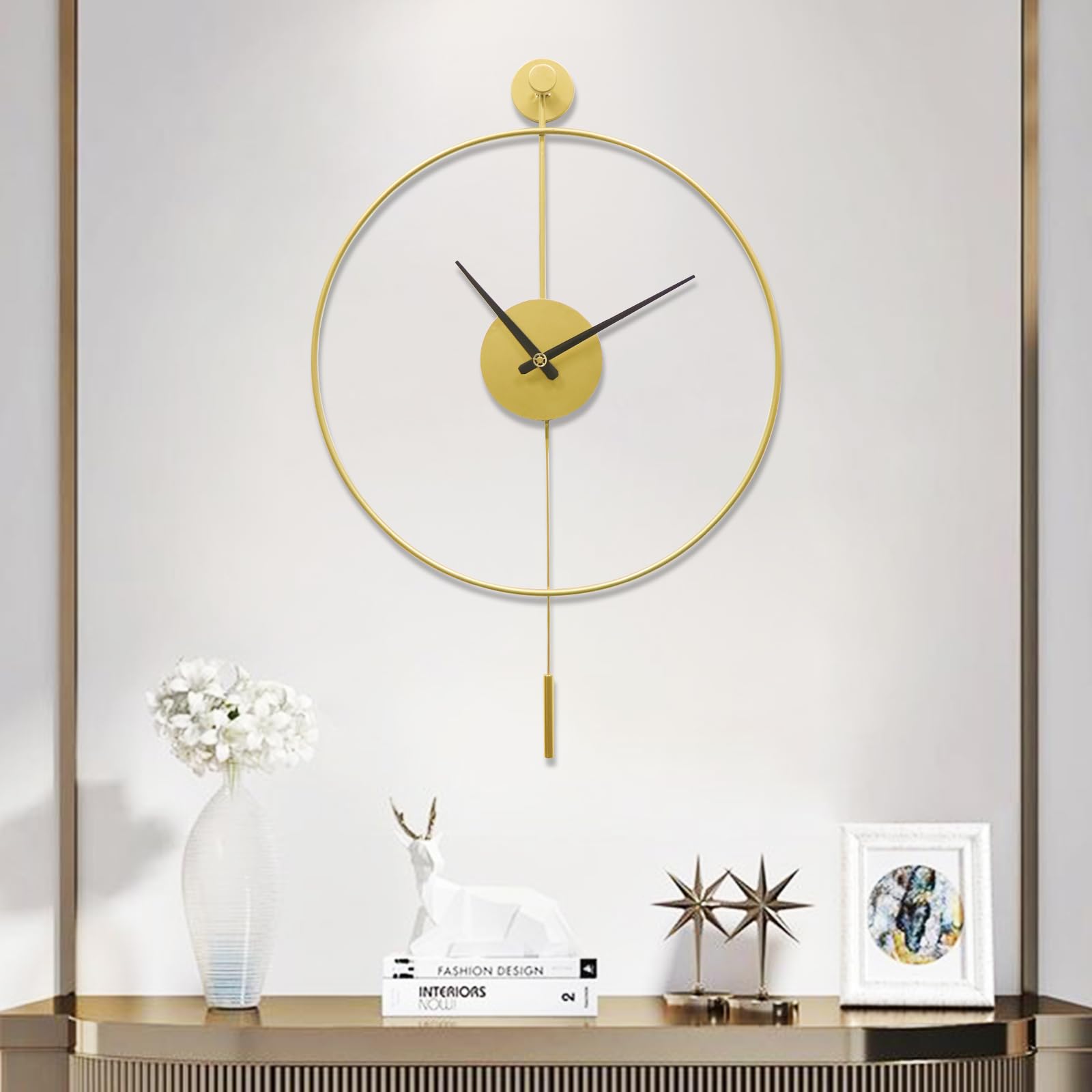 Classical Large Decorative Wall Clock with Pendulum, Modern Non-Ticking Silent Metal Wall Clocks for Living Room, Bedroom, Study, Office, 20 inch