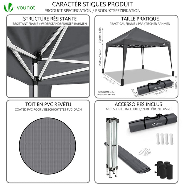 VOUNOT 3m x 3m Pop Up Gazebo with Sides & 4 Weight Bags & Carry Bag, Marquee Garden Party Tent Outdoor, Grey
