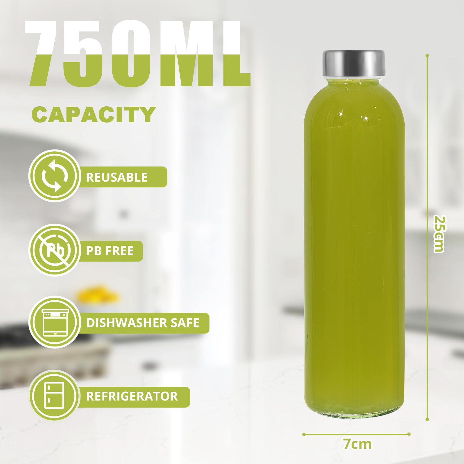 LIMILI Glass Bottles With Stainless Steel Lids, 300/350/750/1000ML Water Bottles, Leak Proof Reusable Drinking Bottles for Hot Cold Drinks, Work, Gym, Home